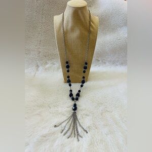 Vintage long necklace with lapis lazuli beads and a silver-toned tassel